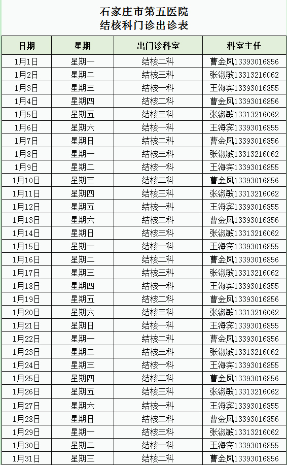 2024年1月份結核科門診出診表