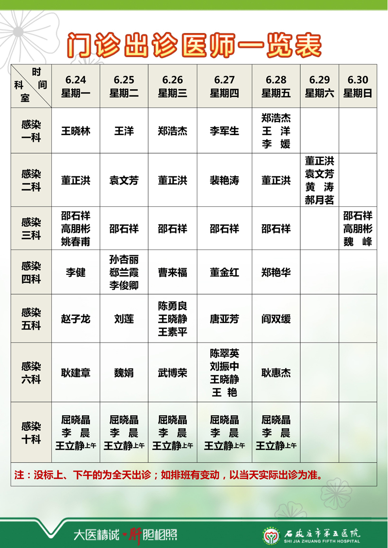 2024年6月17日—6月23日 門(mén)診出診醫(yī)師一覽表