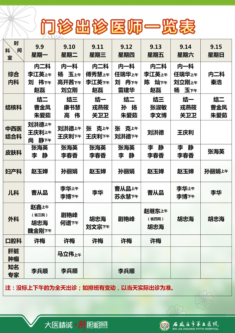 2024年9月2日—9月8日 門診出診醫(yī)師一覽表