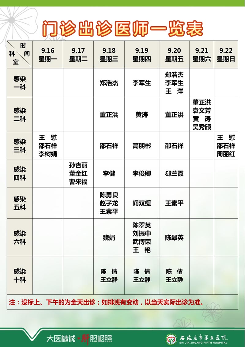 2024年9月9日—9月15日 門診出診醫(yī)師一覽表